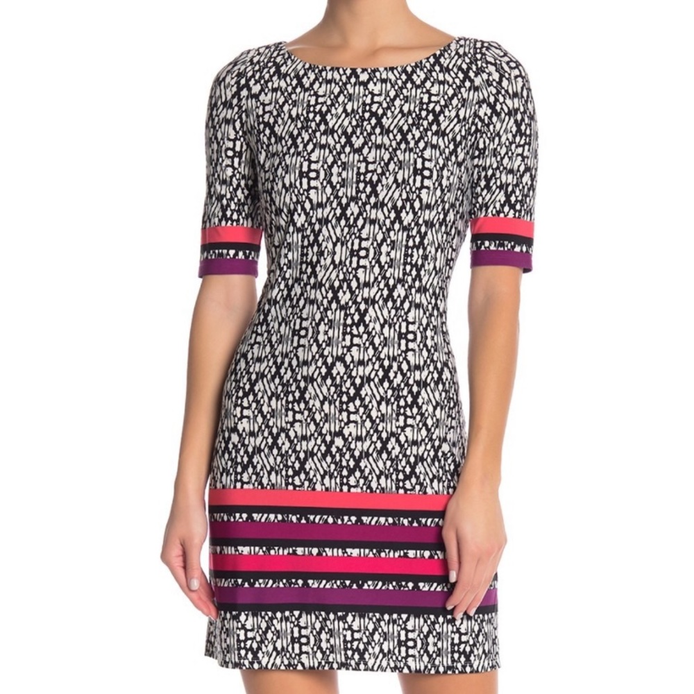 Eliza J Black and White Printed Sheath Dress with Pink and Purple Stripes